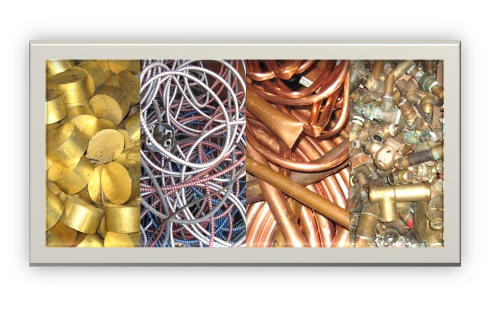 Scrap metal materials: brass cylinders, copper wire, copper tubing, and brass fittings